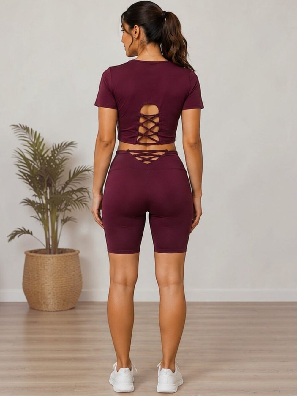 Women's Burgundy Lace-Up Back Matching 2-Piece Activewear Set | Size S - Picture 2 of 9
